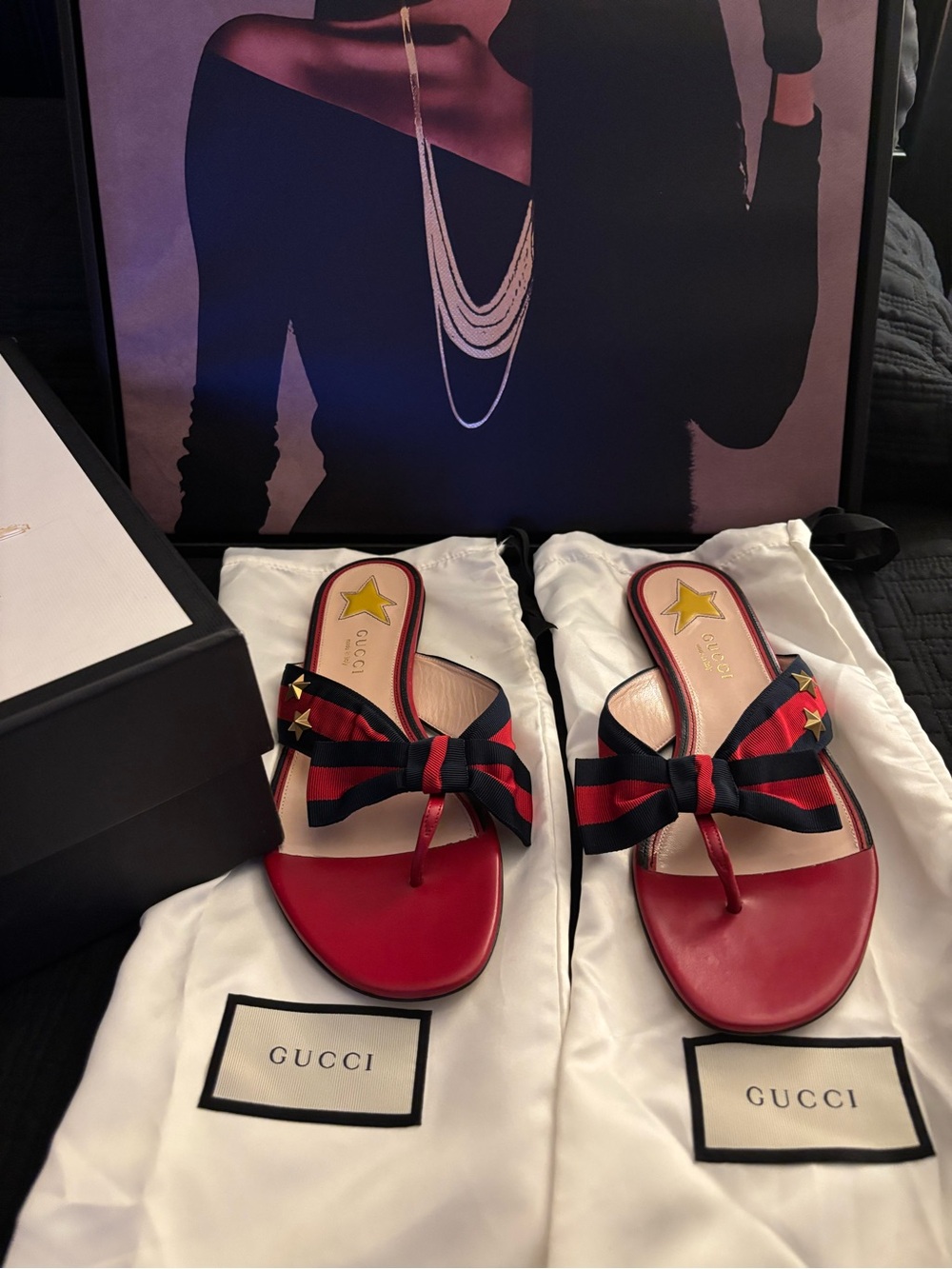 Gucci Red Leather Bow Thong Sandals with Navy & Red Web Bow